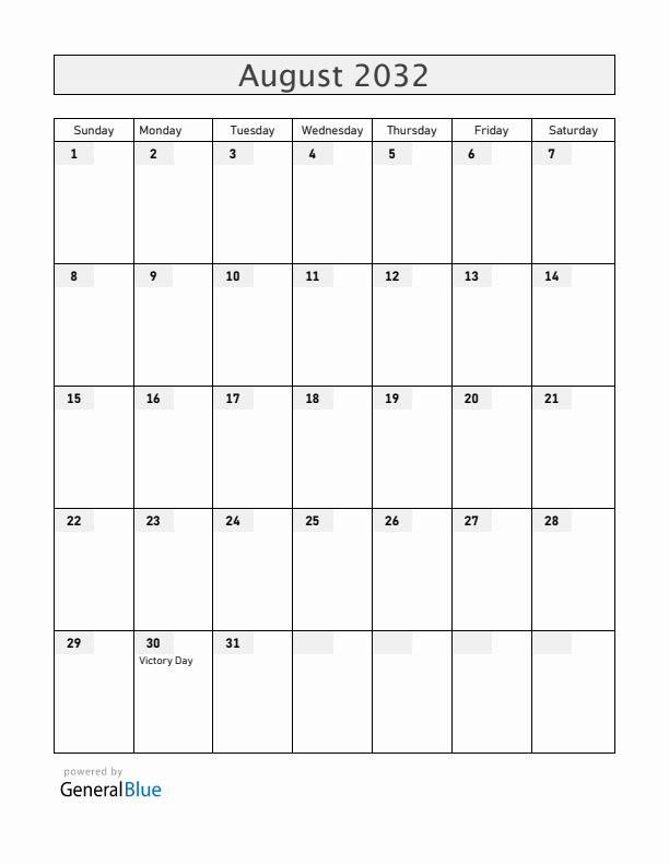 Turkey August 2032 Calendar with Holidays