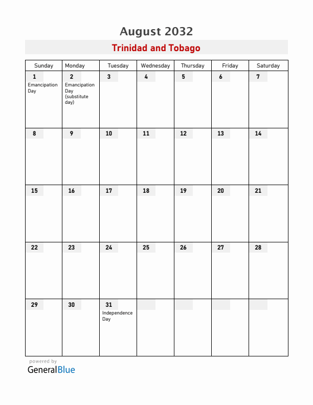 Trinidad and Tobago August 2032 Calendar with Holidays
