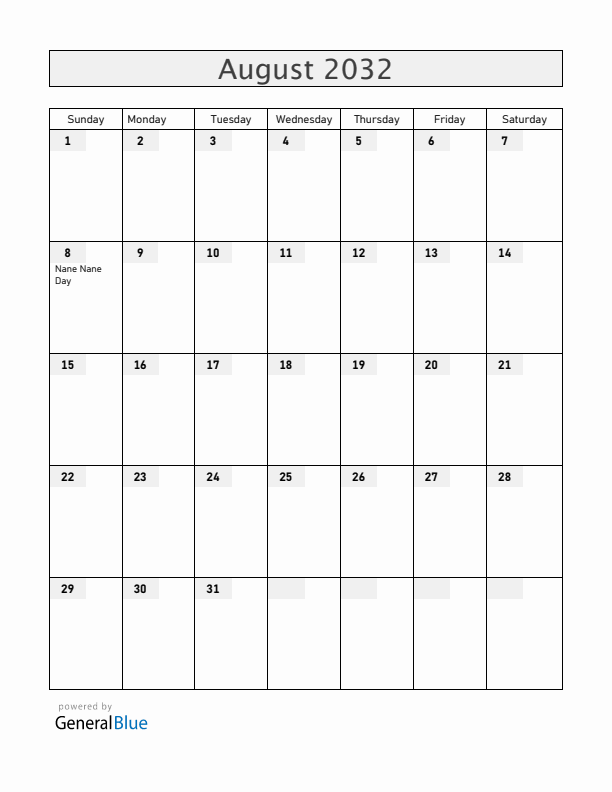 Tanzania August 2032 Calendar with Holidays