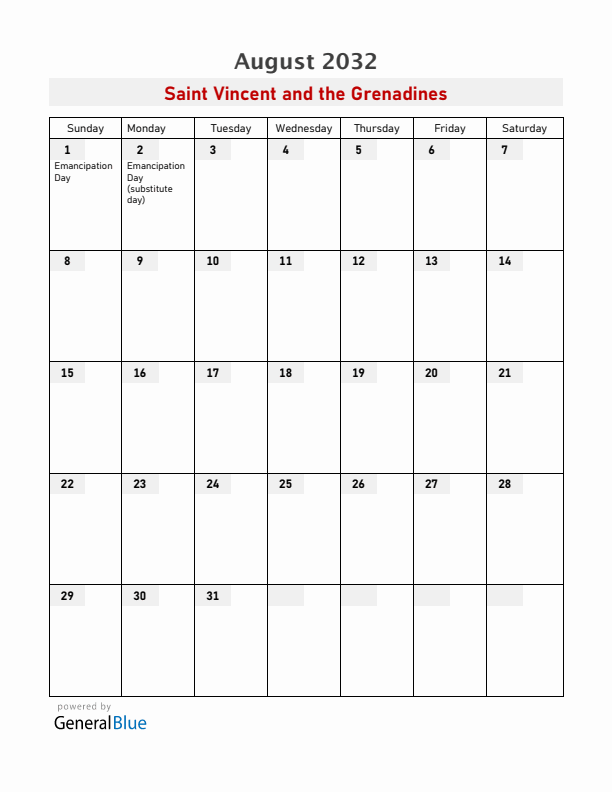 Saint Vincent and the Grenadines August 2032 Calendar with Holidays