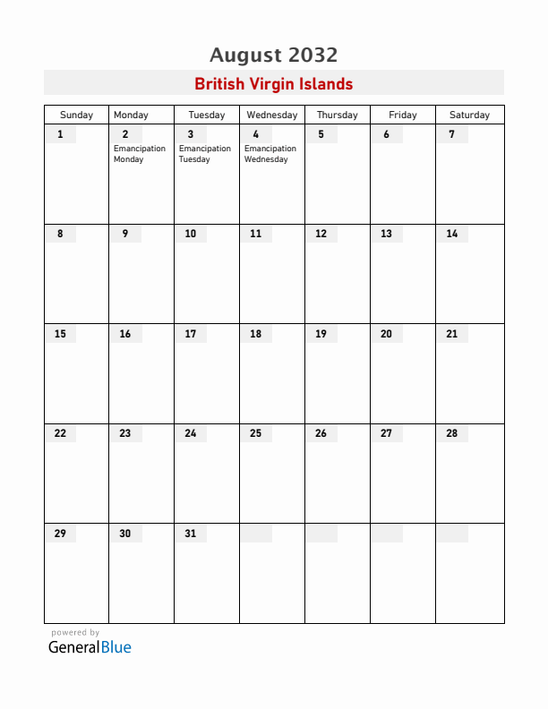 British Virgin Islands August 2032 Calendar with Holidays