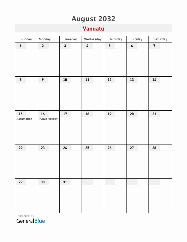 Vanuatu August 2032 Calendar with Holidays