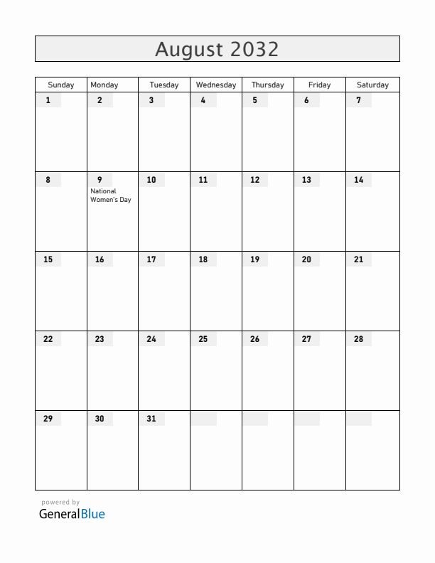 South Africa August 2032 Calendar with Holidays