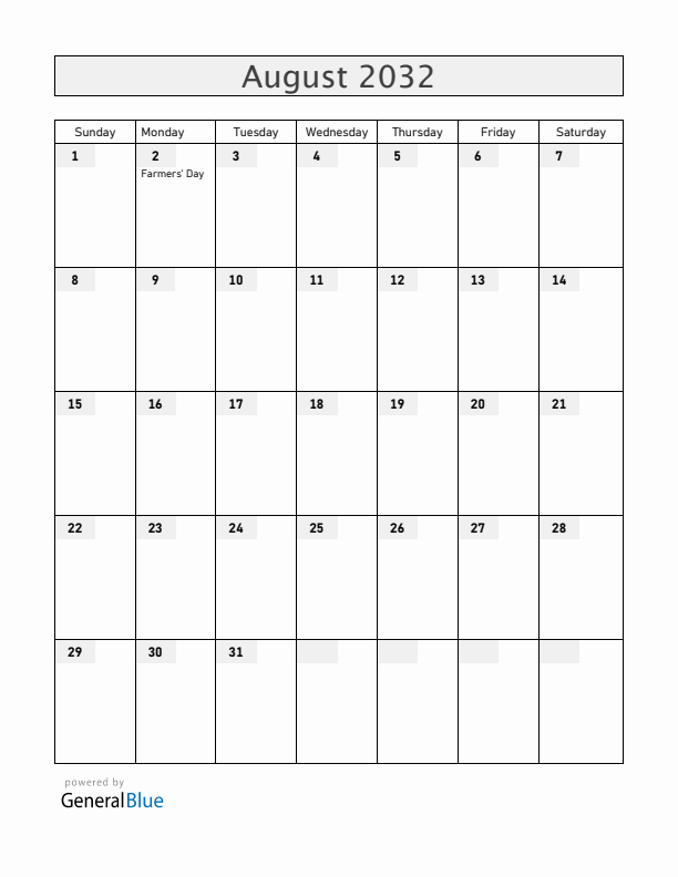 Zambia August 2032 Calendar with Holidays