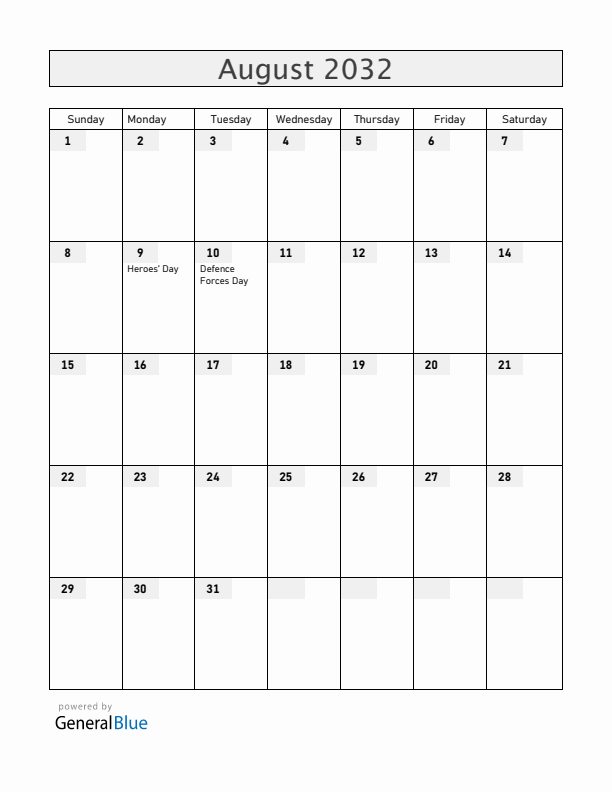 Zimbabwe August 2032 Calendar with Holidays