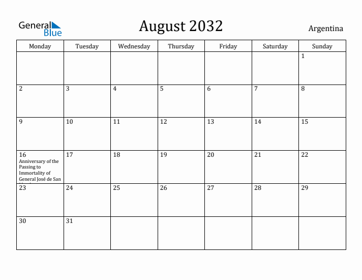 August 2032 Calendar Argentina
