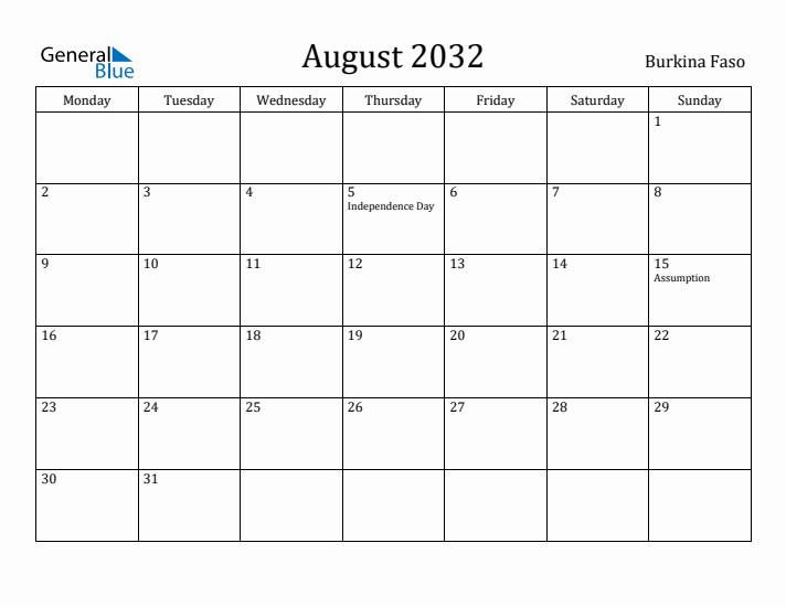 August 2032 Calendar Burkina Faso