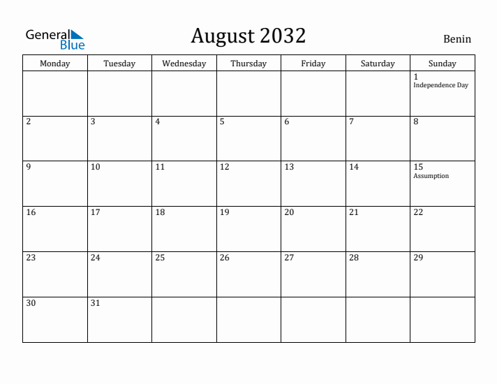 August 2032 Calendar Benin