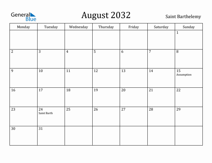 August 2032 Calendar Saint Barthelemy