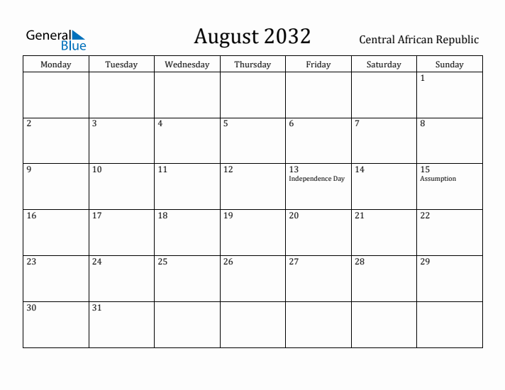 August 2032 Calendar Central African Republic