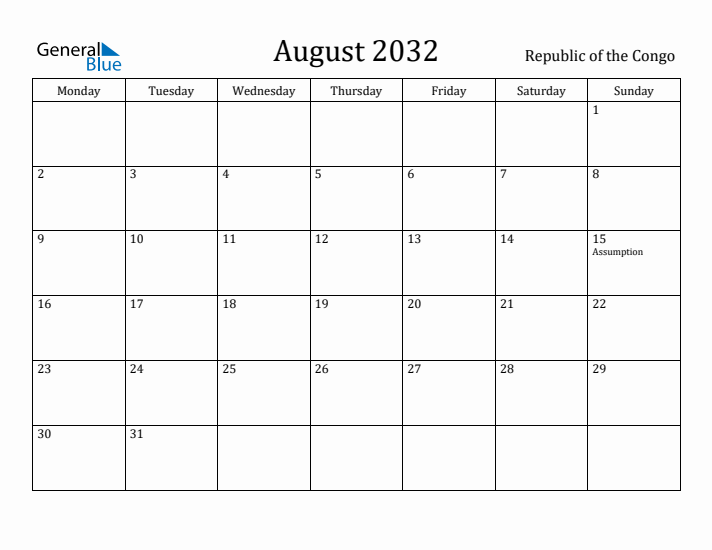 August 2032 Calendar Republic of the Congo