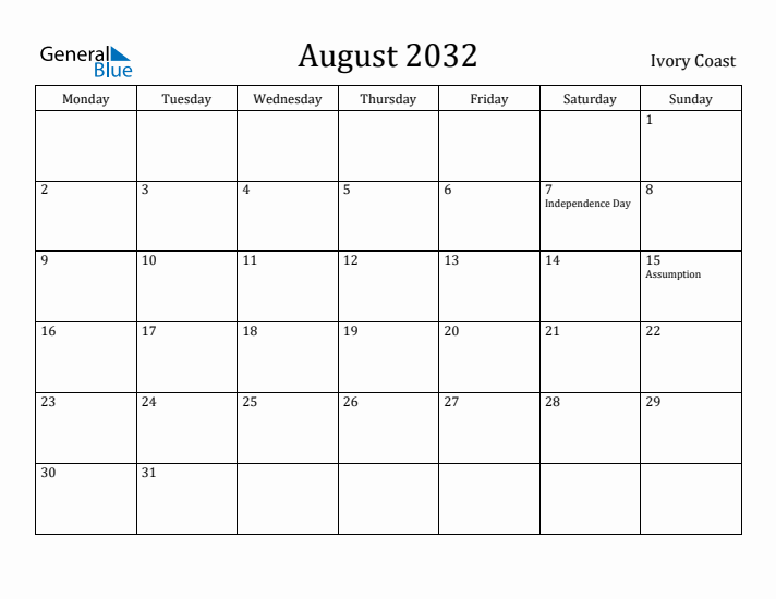 August 2032 Calendar Ivory Coast