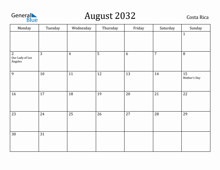 August 2032 Calendar Costa Rica