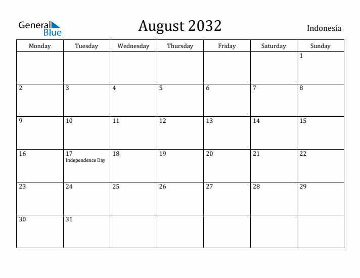 August 2032 Calendar Indonesia