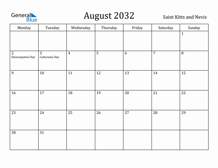 August 2032 Calendar Saint Kitts and Nevis