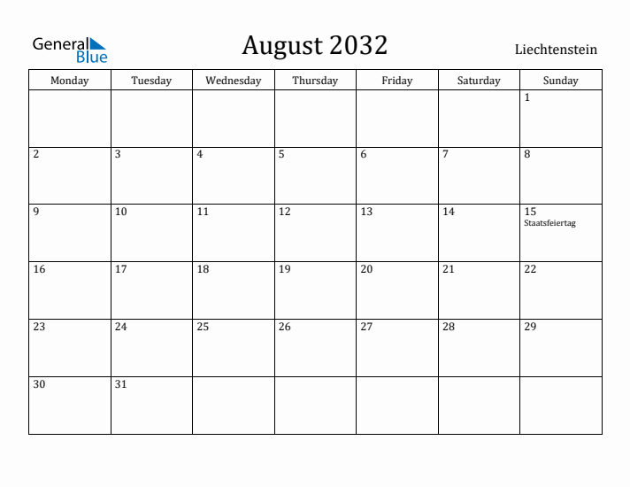 August 2032 Calendar Liechtenstein