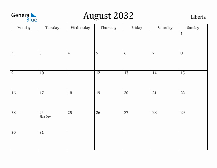August 2032 Calendar Liberia