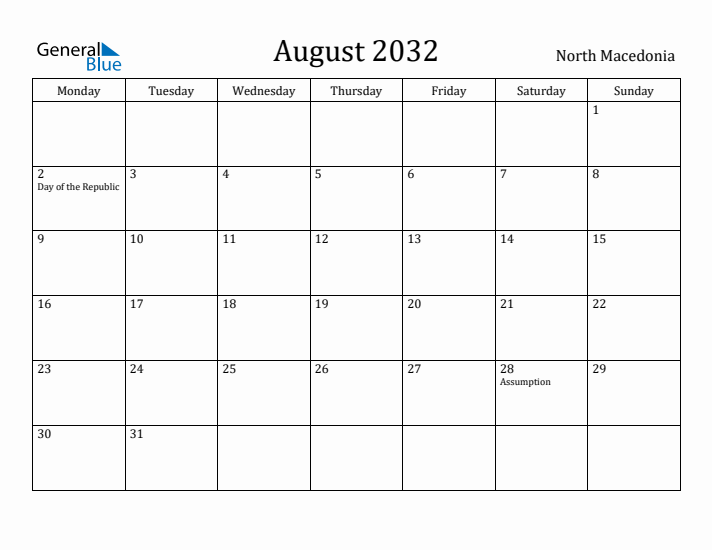 August 2032 Calendar North Macedonia