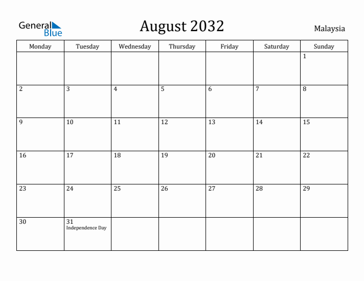 August 2032 Calendar Malaysia