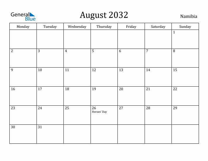 August 2032 Calendar Namibia
