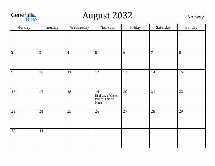 August 2032 Calendar Norway