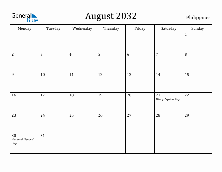 August 2032 Calendar Philippines