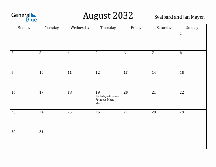 August 2032 Calendar Svalbard and Jan Mayen