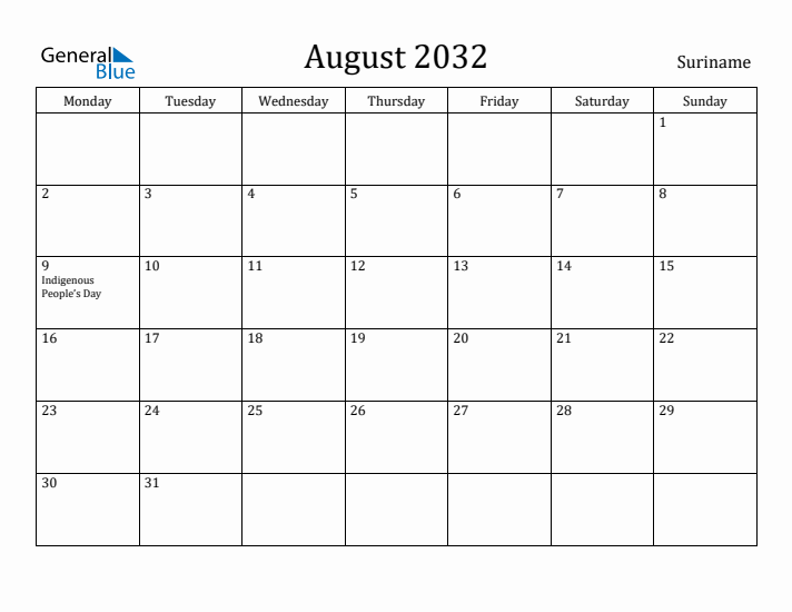 August 2032 Calendar Suriname