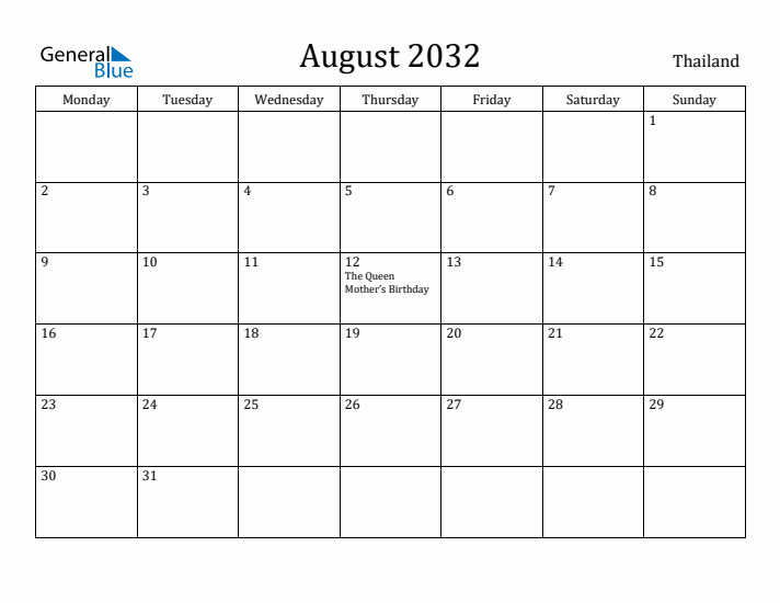 August 2032 Calendar Thailand