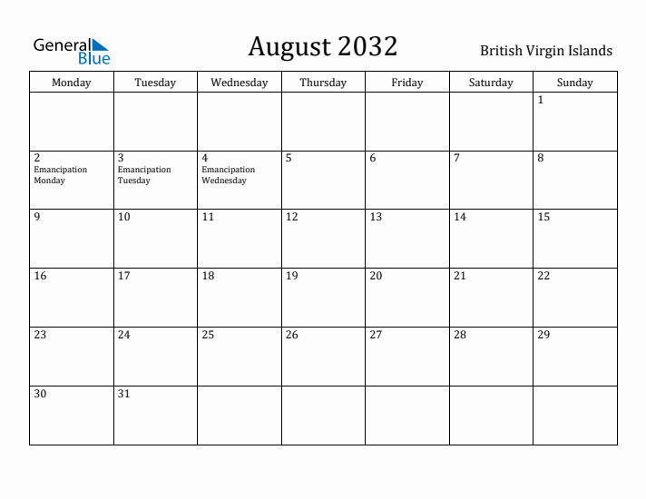 August 2032 Calendar British Virgin Islands