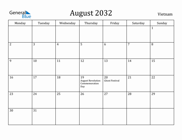 August 2032 Calendar Vietnam
