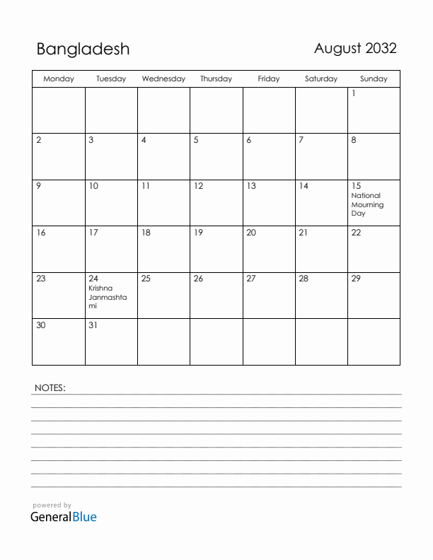 August 2032 Bangladesh Calendar with Holidays (Monday Start)