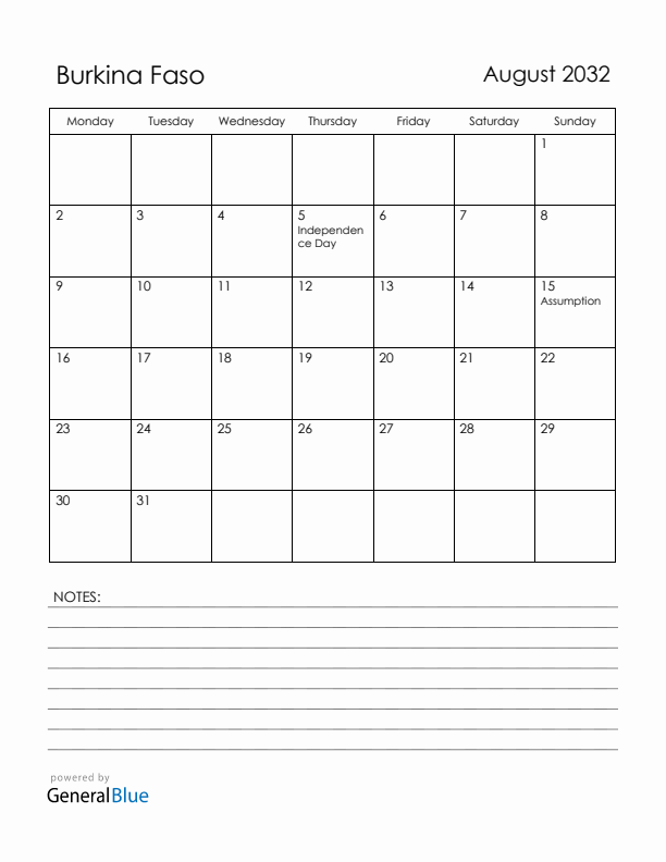 August 2032 Burkina Faso Calendar with Holidays (Monday Start)