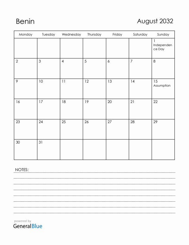 August 2032 Benin Calendar with Holidays (Monday Start)