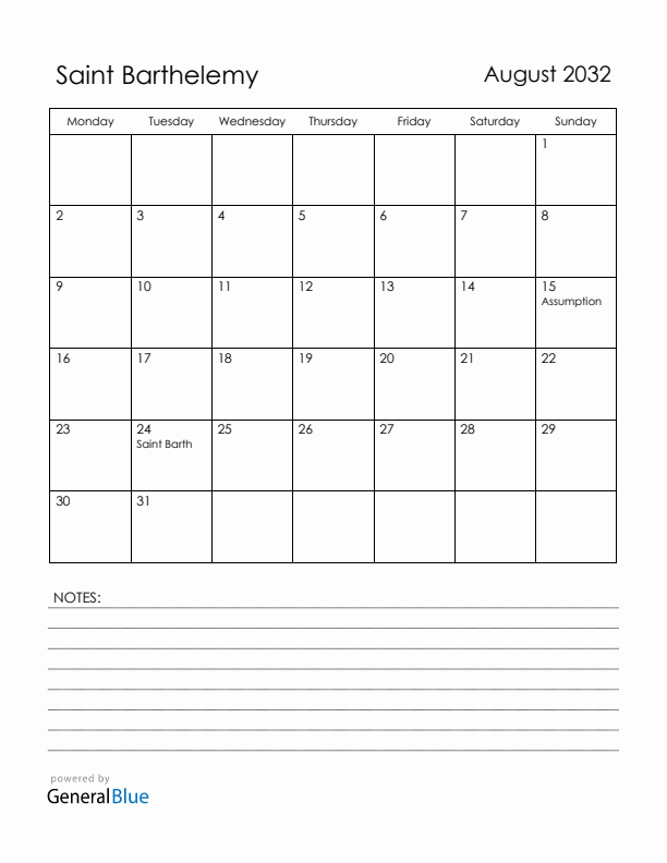 August 2032 Saint Barthelemy Calendar with Holidays (Monday Start)