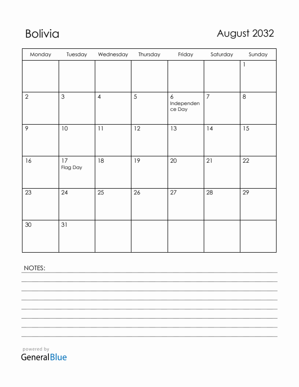 August 2032 Bolivia Calendar with Holidays (Monday Start)