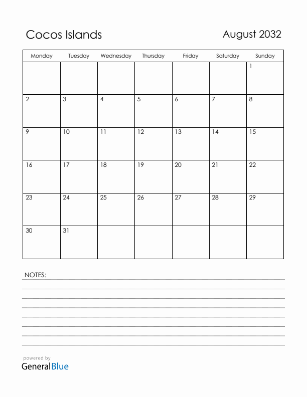August 2032 Cocos Islands Calendar with Holidays (Monday Start)