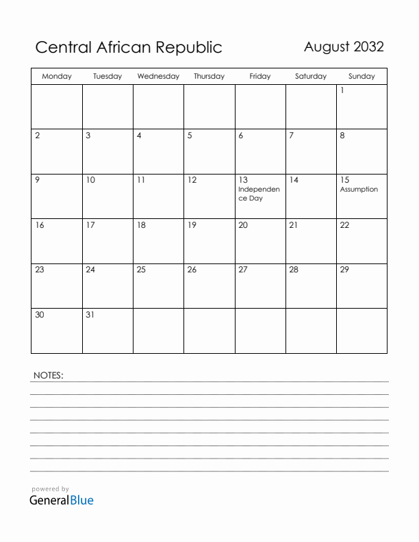 August 2032 Central African Republic Calendar with Holidays (Monday Start)