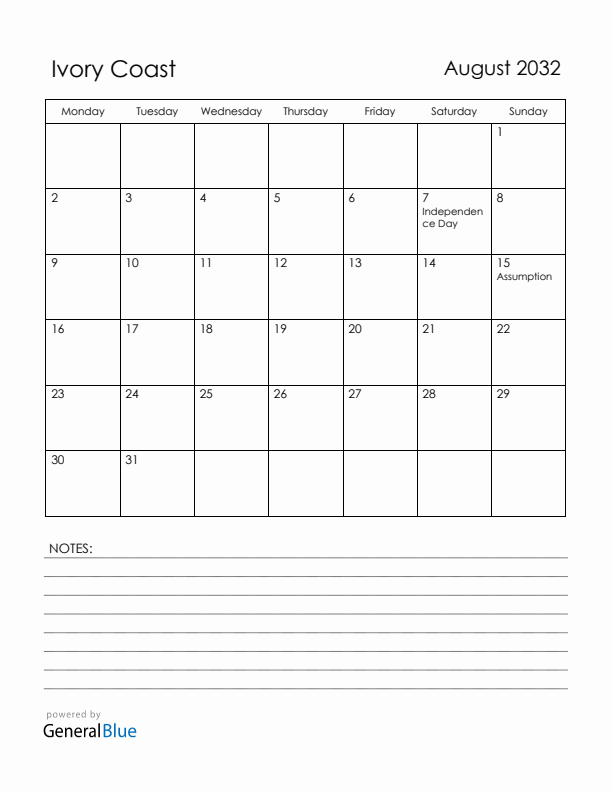 August 2032 Ivory Coast Calendar with Holidays (Monday Start)