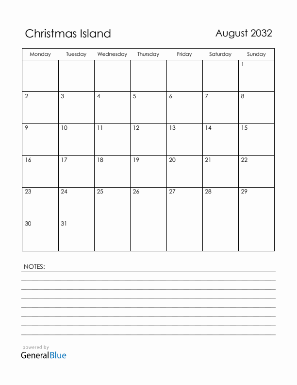 August 2032 Christmas Island Calendar with Holidays (Monday Start)