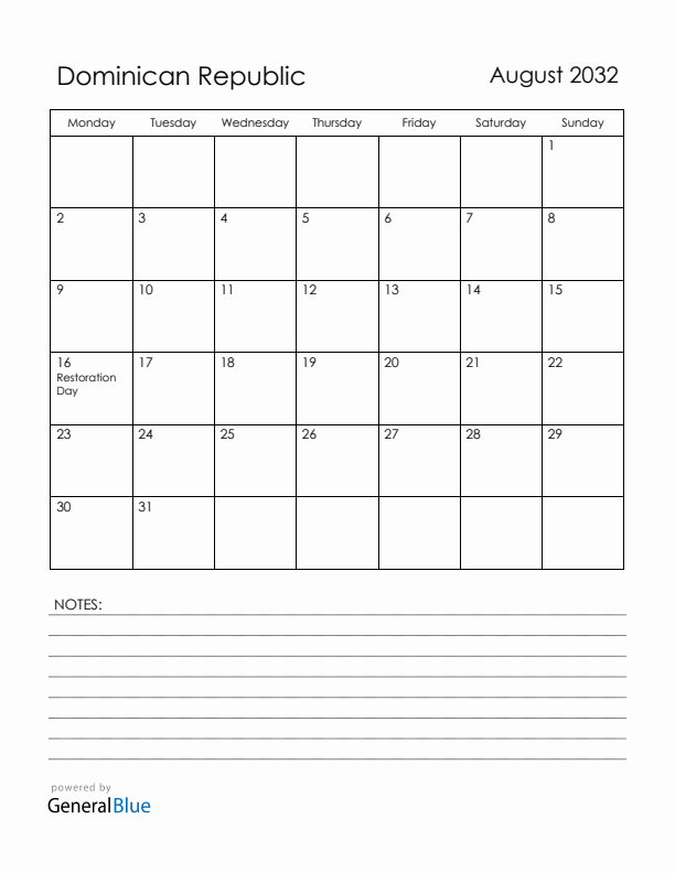 August 2032 Dominican Republic Calendar with Holidays (Monday Start)
