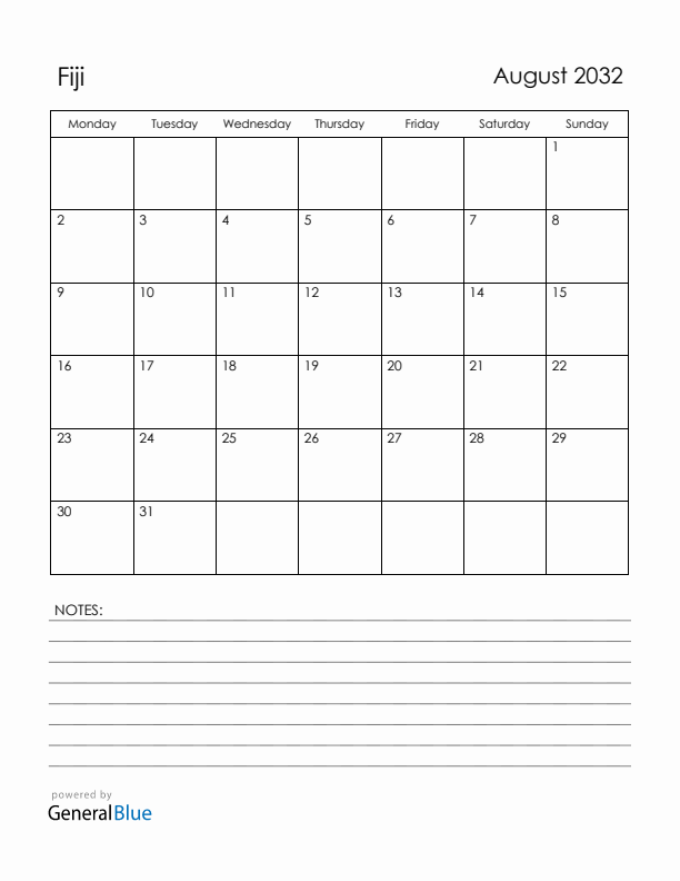 August 2032 Fiji Calendar with Holidays (Monday Start)