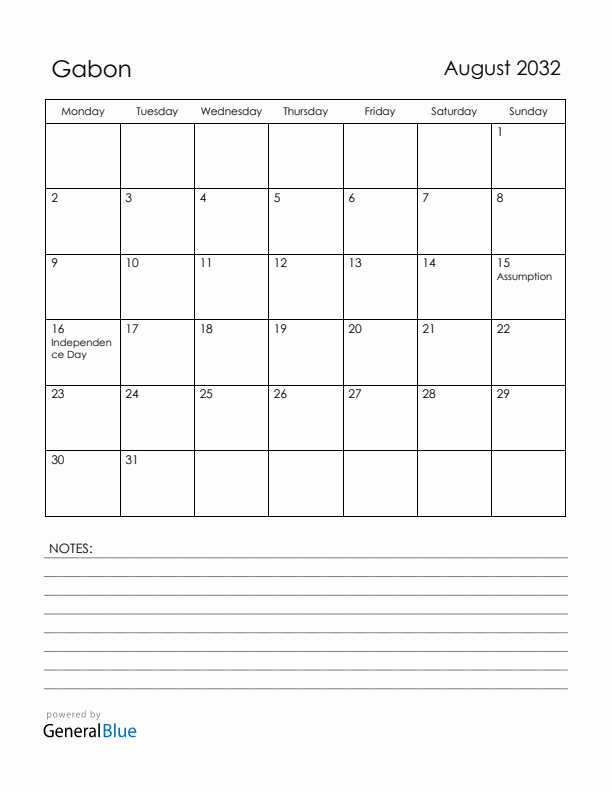 August 2032 Gabon Calendar with Holidays (Monday Start)