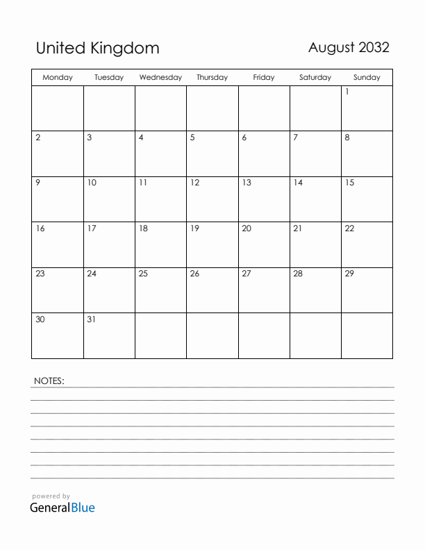 August 2032 United Kingdom Calendar with Holidays (Monday Start)