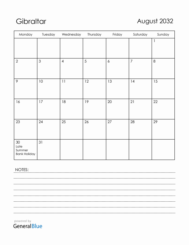 August 2032 Gibraltar Calendar with Holidays (Monday Start)