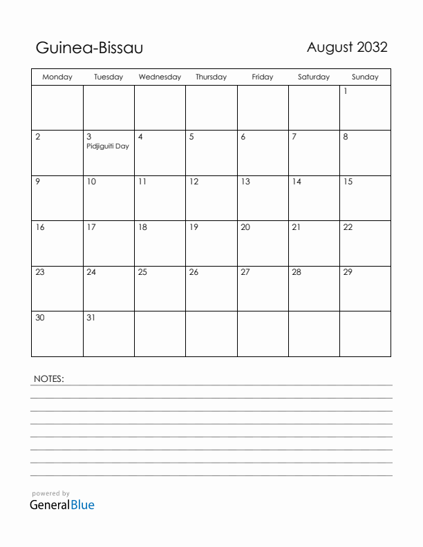 August 2032 Guinea-Bissau Calendar with Holidays (Monday Start)