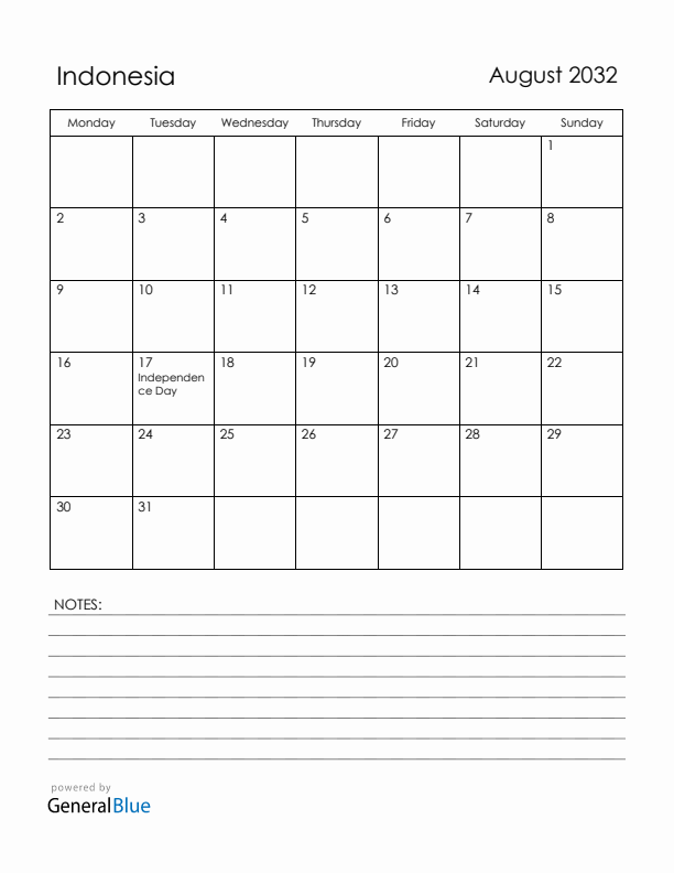 August 2032 Indonesia Calendar with Holidays (Monday Start)
