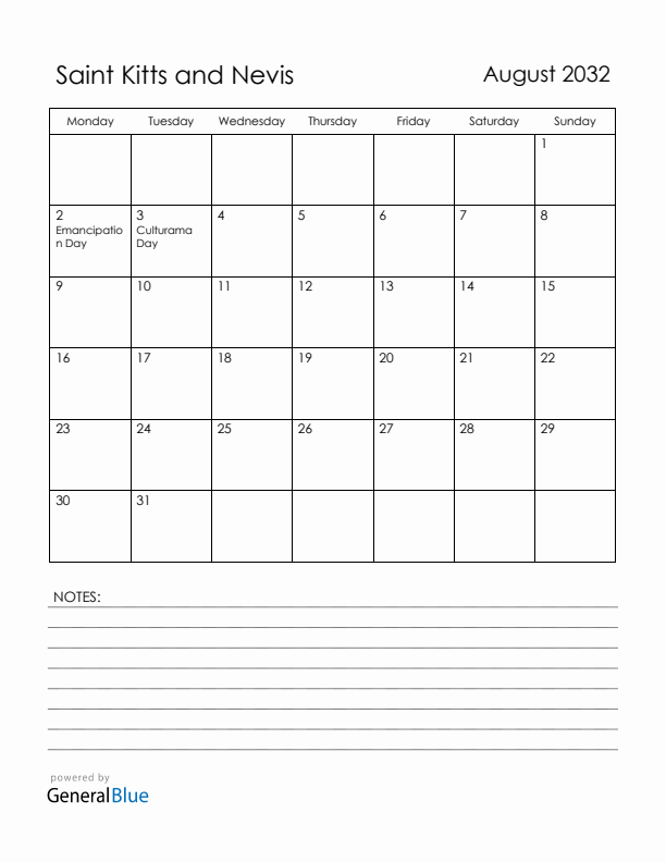 August 2032 Saint Kitts and Nevis Calendar with Holidays (Monday Start)