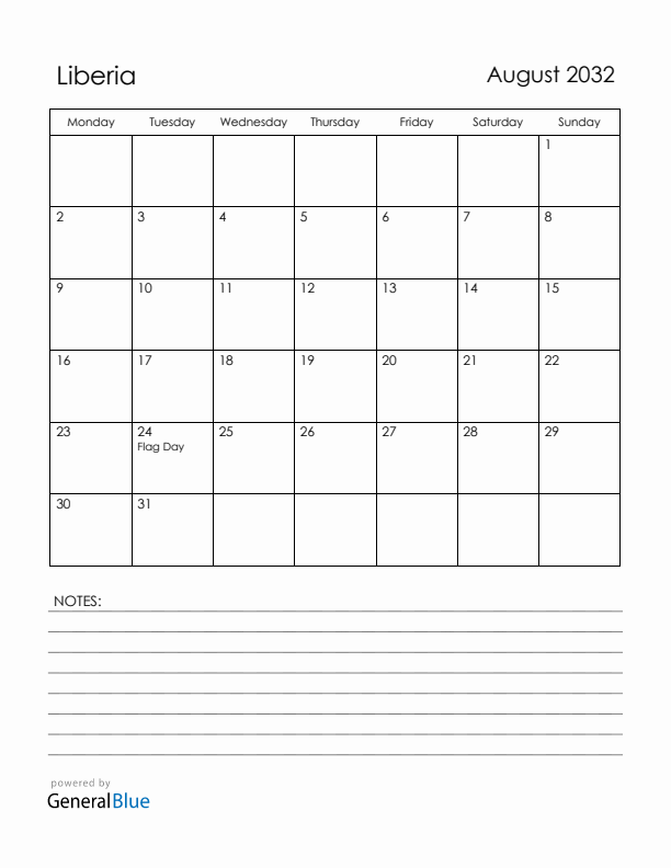 August 2032 Liberia Calendar with Holidays (Monday Start)