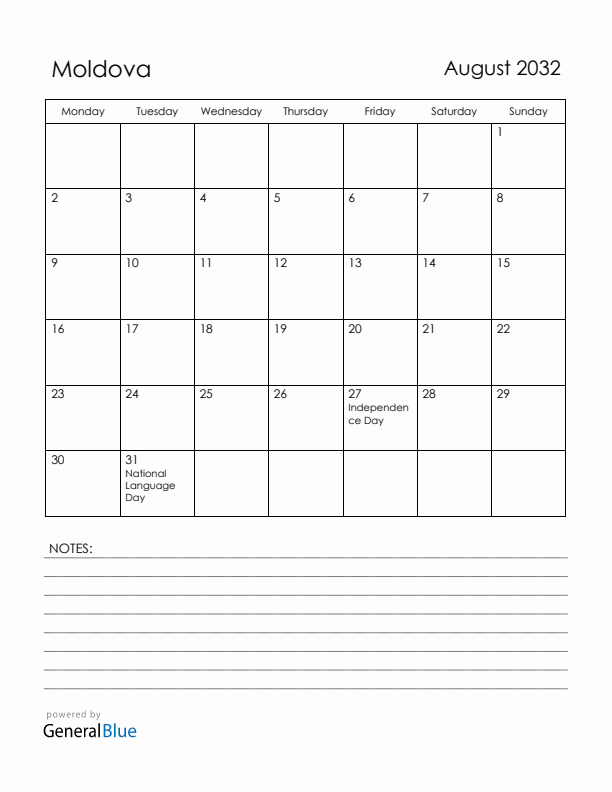 August 2032 Moldova Calendar with Holidays (Monday Start)
